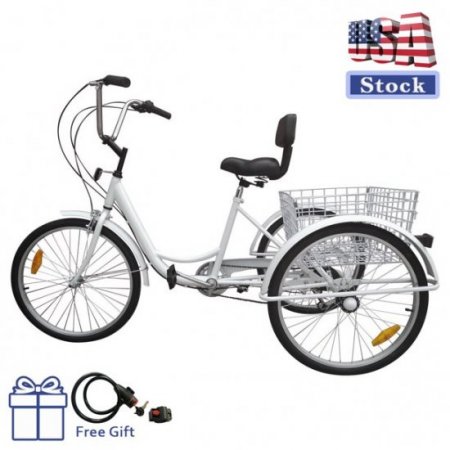 Lock+Basket Motor Genic Unisex 7-Speed 24" Adult 3-Wheel Tricycle Cruise Bike Bicycle With Basket White