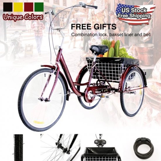 24\" Adult Tricycle with Basket Dust Bag Lock & Bell for Men and Women RED