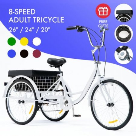 26" 3-Wheel Adult Tricycle w/ Large Basket Cruiser Bike for Shopping & Outing With 8-speed Transmission White