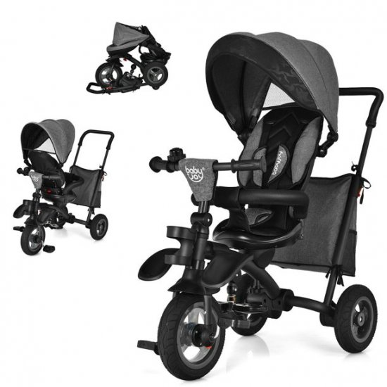 Gymax 7-In-1 Kids Baby Tricycle Folding Steer Stroller w/ Rotatable Seat Grey