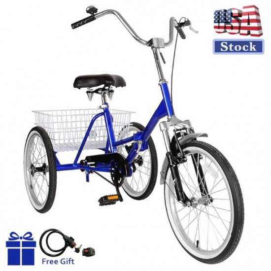 Unisex Adult Folding Tricycle Bike 3 Wheeler Bicycle Portable Tricycle 20\" Wheels Blue Lock