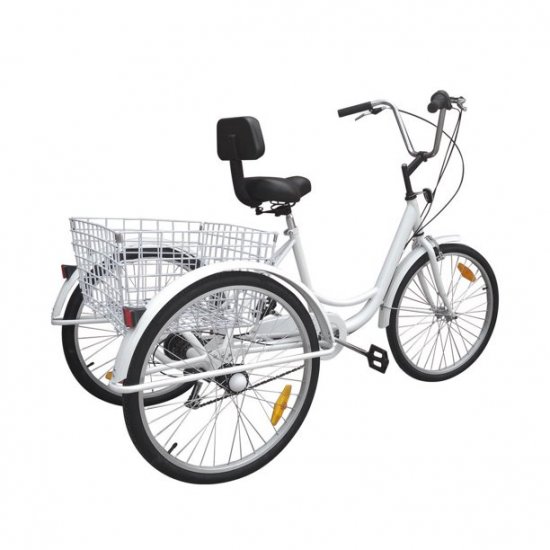 Areyourshop 7-Speed 24\" With Basket Adult 3-Wheel Tricycle 3 Wheeled Trike Bicycle Cruise Bike Bicycle white