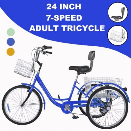 houssem 7 Speed Adult Tricycle 24inch 3-Wheel Bike Cruise Trike w/Large Size Basket for Men & Women& Seniors Blue