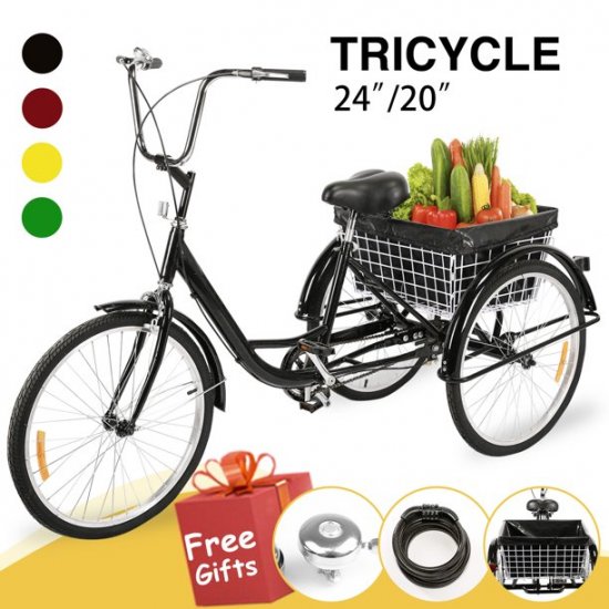 24\" Adult 3-wheel Tricycle with Basket for Shopping & Recreation, Black