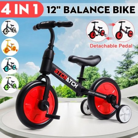 KUDOSALE 4 IN 1 DESIGN 12'' Kid Balance Bike Toddler Walking Bicycle Detachable Pedal & Auxiliary Wheel for Toddlers 2-6 Years Old