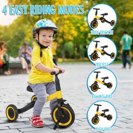 5-Hour Energy Little Buddy 4 in 1 Multi-use Kids Balance Tricycle for 1-5 Year Olds, 3 Wheeler Toddler Bike Trike for Boys Girls with Removable Pedals, Adjustable Seat and Grip Handlebars (Yellow)