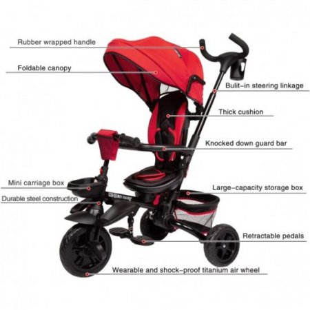 Kinbor 6-In-1 Kids Baby Tricycle Detachable Foldable Bike, Red