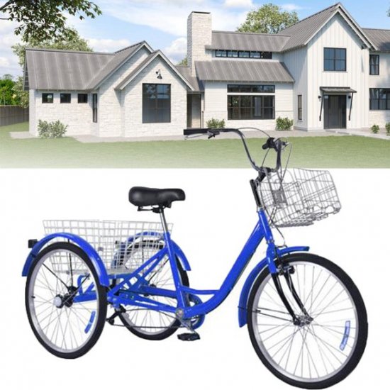 Adult Tricycles, 7 Speed Adult Trikes 24 inch 3 Wheel Bikes for Adults with Large Basket for Recreation, Shopping, Picnics Exercise Men\'s Women\'s Farmer Bike, Blue