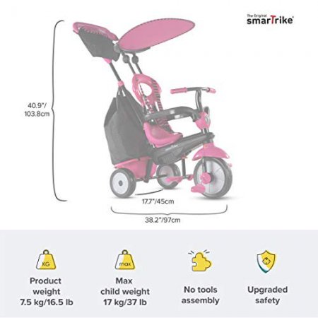 smarTrike Vanilla Plus 4 in 1 Adjustable Baby and Toddler Tricycle Push Stroller Bike with Canopy for Ages 15 Months to 3 Years, Pink