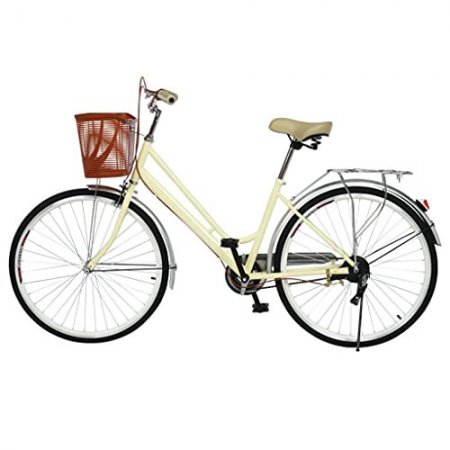 TOUNTLETS Womens Beach Cruiser Bike-26 Inch Unisex Classic Iron Bicycle with Basket Retro Bicycle Unique Art Deco Scooter,Road Bike,Seaside Travel Bicycle,Comfortable Commuter Bicycle (Yellow)