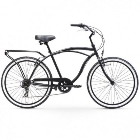 sixthreezero Around the Block Men's 7-Speed Beach Cruiser Bicycle with Rear Rack, 26" Wheels, Matte Black