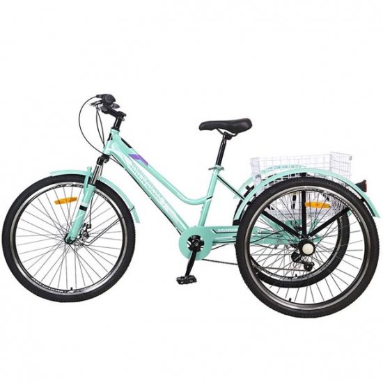 Adult Mountain Bike 7 Speed Three Wheel Bike Mountain Tricycle Cruiser Trike 26 Inch Trikes with Shopping Basket ,Exercise Men\'s Women\'s Tricycles Cyan