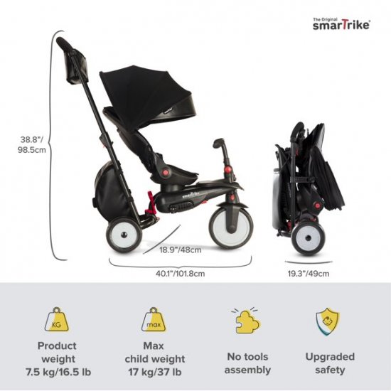 smarTrike STR7, 8-in-1 Folding Stroller Tricycle, 6M+, Urban Black