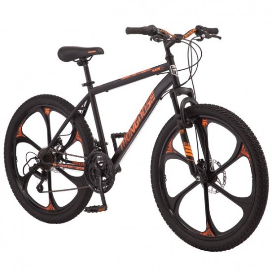 Mongoose Mack Mag Wheel Mountain Bike, 26\" Wheels, 21 Speeds Shimano Revo Twist Shifters, Men\'s Frame, Orange On Black