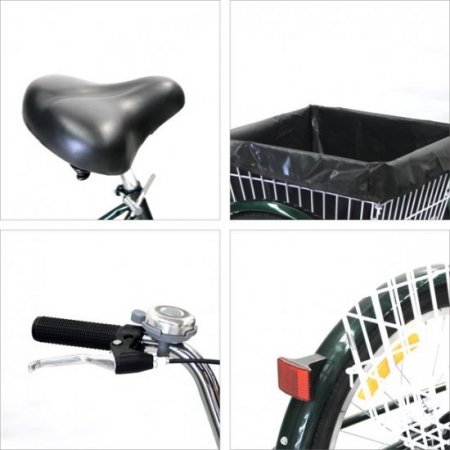 24" 3-Wheel Bike Adult Tricycle with Bell Lock Dust Bag Brake & Basket 220lbs GREEN