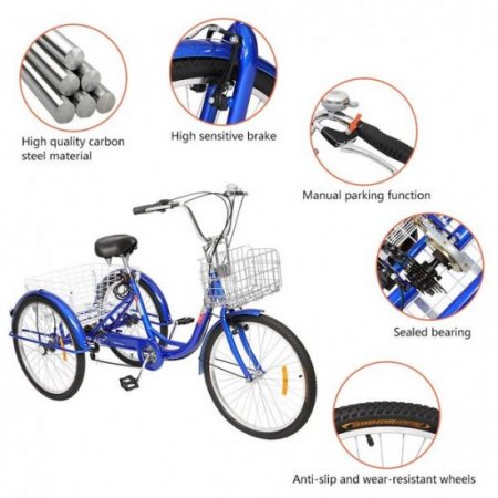 SamyoHome Adult Tricycle, Three Wheel Cruiser Bike Blue, 26" Wheels