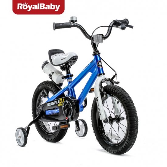 RoyalBaby Freestyle 14 Inch Blue Kids Bike Boys and Girls Bike with Training wheels and Water Bottle