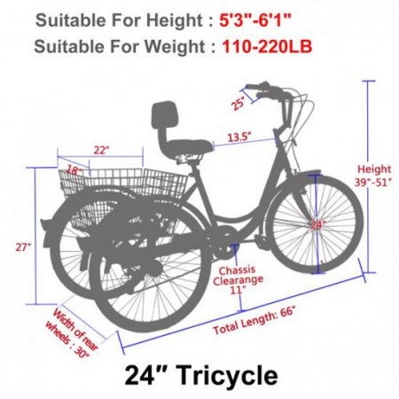 24 Inch Three-Wheeled Bicycles Cruise Trike with Shopping Basket 3 Wheel Bikes Adult Tricycles 7 Speed Adult Trikes