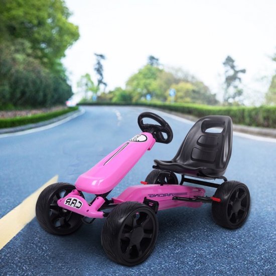 Pink Go Kart, 4 Wheel Powered Ride On Pedal Go Kart, Kids\' Pedal Cars for Outdoor, Racer Pedal Car with Clutch, Brake, EVA Rubber Tires, Racer Bicycle with Adjustable Seat for Boys & Girls, L2530