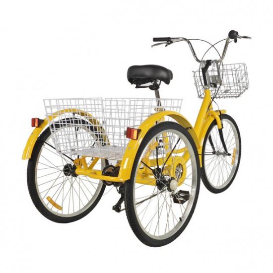 24\" Adult Tricycle, 7 Speed Trike Bike Cruiser with Large Size Storage Basket, for Men & Women Shopping Exercise,Yellow(Without Backrest)