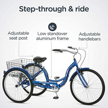 Schwinn Meridian Adult Tricycle with 26-Inch Wheels in Blue, with Low Step-Through Aluminum Frame, Front and Rear Fenders, Adjustable Handlebars, Large Cruiser Seat, and Rear Folding Basket