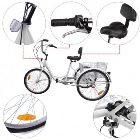 Mad Hornets 7-Speed 24" Adult 3-Wheel Tricycle Cruise Bike Bicycle With Basket+Lock White