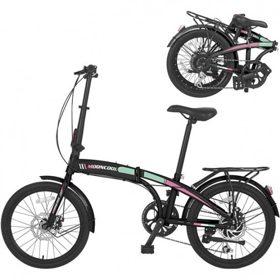 MOONCOOL Adult Folding Bike, 20-inch Wheels 7-Speed Foldable Compact Bicycle with Disc Brakes Shimano Rear Derailleur, Adjustable Handle & Seat Height for Adults, Women, Men, Teens