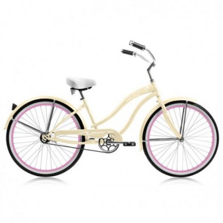 Micargi ROVER GX 26" Beach Cruiser Coaster Brake Single Speed Stainless Steel Spokes One Piece Crank Alloy Pink Rims 36H With Fenders Color: Vanilla/ Pink Rim