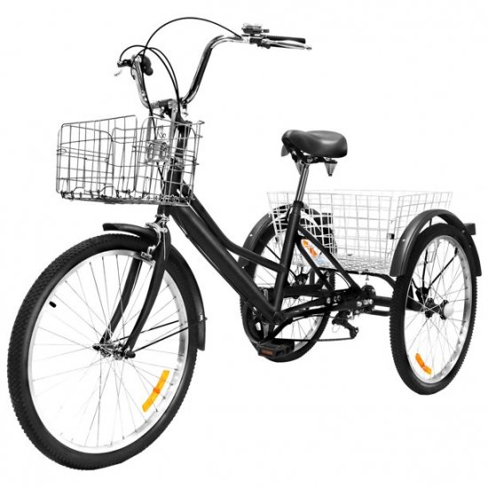 BEFOKA Adult Tricycle 24in Mountain Bike 1/7 Speed 3-Wheel Bicycle for Shopping W/ Installation Tools Black