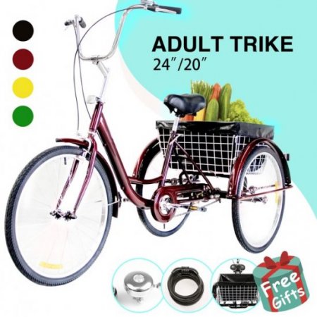 24" Adult Trike Tricycle 3-Wheel Bike w/Basket for Shopping, Double Wall Box, Shiny Red