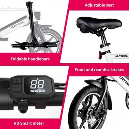 Murtisol 14 inch Folding Aluminum Bike 3 Speed Shift Foldable Handle Lightweight Electric Commuter Removable Large-capacity hidden lithium Battery Pedal Assist Power 14"