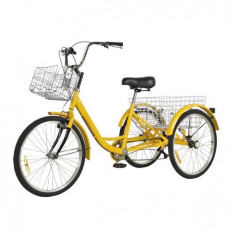 houssem Adult Tricycle 24" 7-Speed Trike 3-Wheel Bicycle w/Large Basket Suitable for Man and Women Yellow (No Backrest)