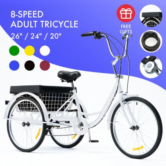 26\" 3-Wheel Adult Tricycle w/ Large Basket Cruiser Bike for Shopping & Outing With 8-speed Transmission White