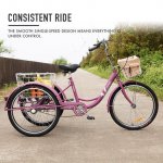 Viribus 26 Inch Single Speed Adult Tricycle,3 Wheel Cruiser Bike with Removable Wheeled Basket, Dustproof Bag, Lights & Bell for Cycling Shopping, Picnic, Hybrid Beach Trike for Men & Women, Purple