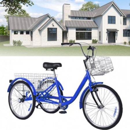 Adult Tricycles, 7 Speed Adult Trikes 24 inch 3 Wheel Bikes for Adults with Large Basket for Recreation, Shopping, Picnics Exercise Men's Women's Farmer Bike, Blue