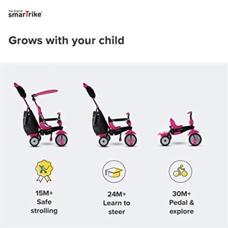 smarTrike Vanilla Plus 4 in 1 Adjustable Baby and Toddler Tricycle Push Stroller Bike with Canopy for Ages 15 Months to 3 Years, Pink