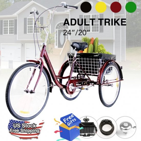 20\" 3-Wheel Bike Adult Tricycle Comfort Cruiser w/ Basket dust bag & lock RED