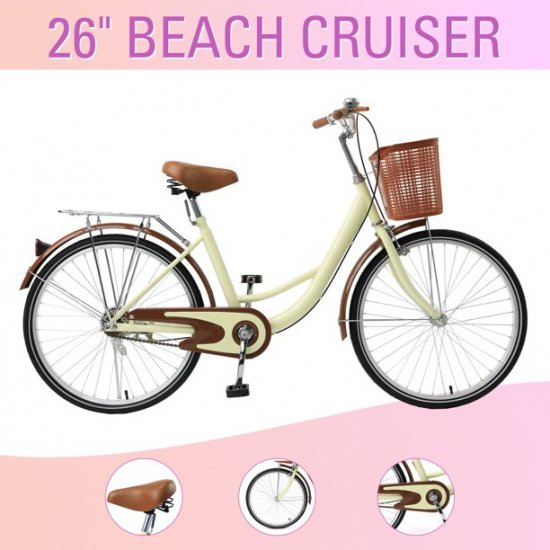 26 Inch Beach Cruiser Bike Bicycle for Women with Basket and Rear Rack