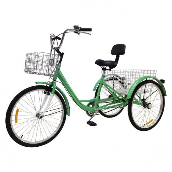 24\" Adult Tricycles with Foldable Front & Rear Basket, 3-Wheeled Adult Tricycle 7 Speed, Adult Trikes Bicycles Cruise Trike for Recreation and Shopping, Green