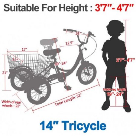 14" 1-Speed Tricycle Trike Bike Perfect for Beginner Riders 3 Wheeled Bicycle with Adjustable Height and Rear Basket Suitable for height: 3'7''-4'7''