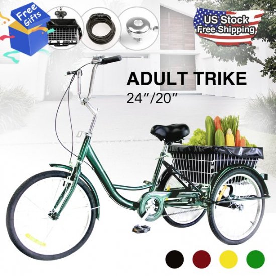 24\" 3-Wheel Bike Adult Tricycle with Bell Lock Dust Bag Brake & Basket 220lbs GREEN