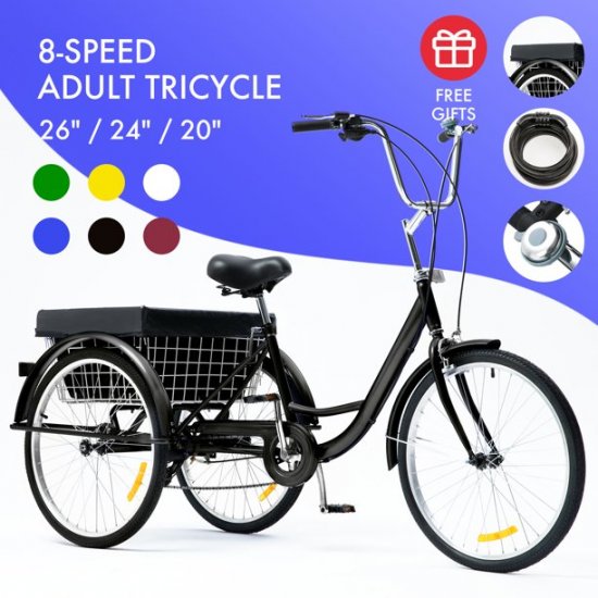 26\" Adult Tricycle w/ Large Size Basket Comfort Cruiser for Men & Women With 8-speed Transmission Black