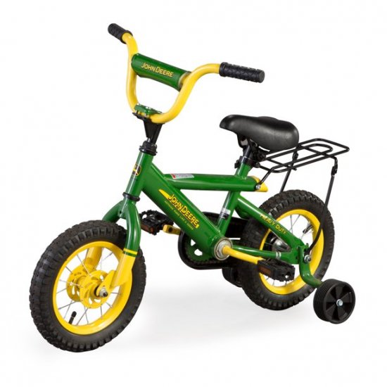 John Deere 12\" Boys Bicycle, Kids Bike with Training Wheels and Front Hand Brake, Green