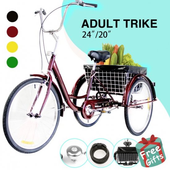 24\" Adult Trike Tricycle 3-Wheel Bike w/Basket for Shopping, Double Wall Box, Shiny Red