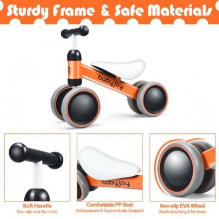 4 Wheels Baby Balance Bike Children Walker No-Pedal Toddler Toys Rides Orange