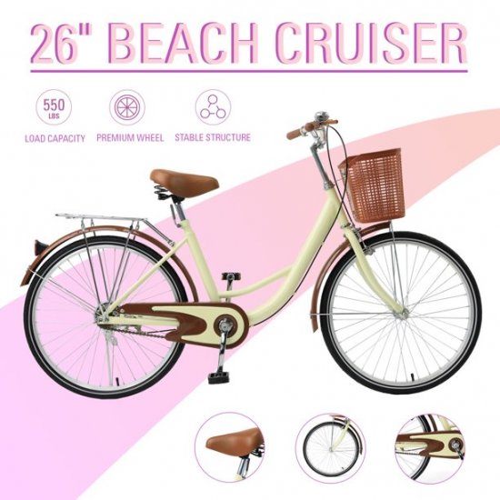 Preenex Beach Cruiser Bike for Women, Commuter Bicycle, High-Carbon Steel Frame, Front Basket & Bell, Rear Racks, 26\" Wheels, Cream