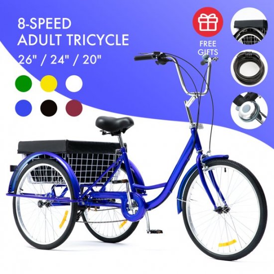 26\" 3-Wheel Adult Tricycle w/ Large Basket Cruiser Bike for Shopping & Outing With 8-speed Transmission Blue