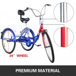 VEVOR Foldable Tricycle 24" Wheels,1-Speed Trike,3 Wheels Colorful Bike with Basket,Portable and Foldable Bicycle for Adults Exercise Shopping Picnic Outdoor Activities