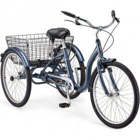 Schwinn Meridian Adult Tricycle, Three Wheel Cruiser Bike, Single Speed and Electric, 24-Inch Wheel Trikes, Cargo Basket, Adjustable Handlebars, Slate Blue, Women Men
