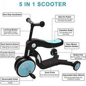 5 in 1 Scooter for Kids,Deluxe Transforming Kick Scooters Walking Car Tricycle for Toddlers with Adjustable Height, Best Gifts for Girls Boys Age 18 Months to 6 Years Old - Blue